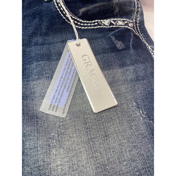 Nwt Grace in LA Women's Embellished Pocket Denim SZ 32 Easy Fit Distressed Short - Picture 7 of 15